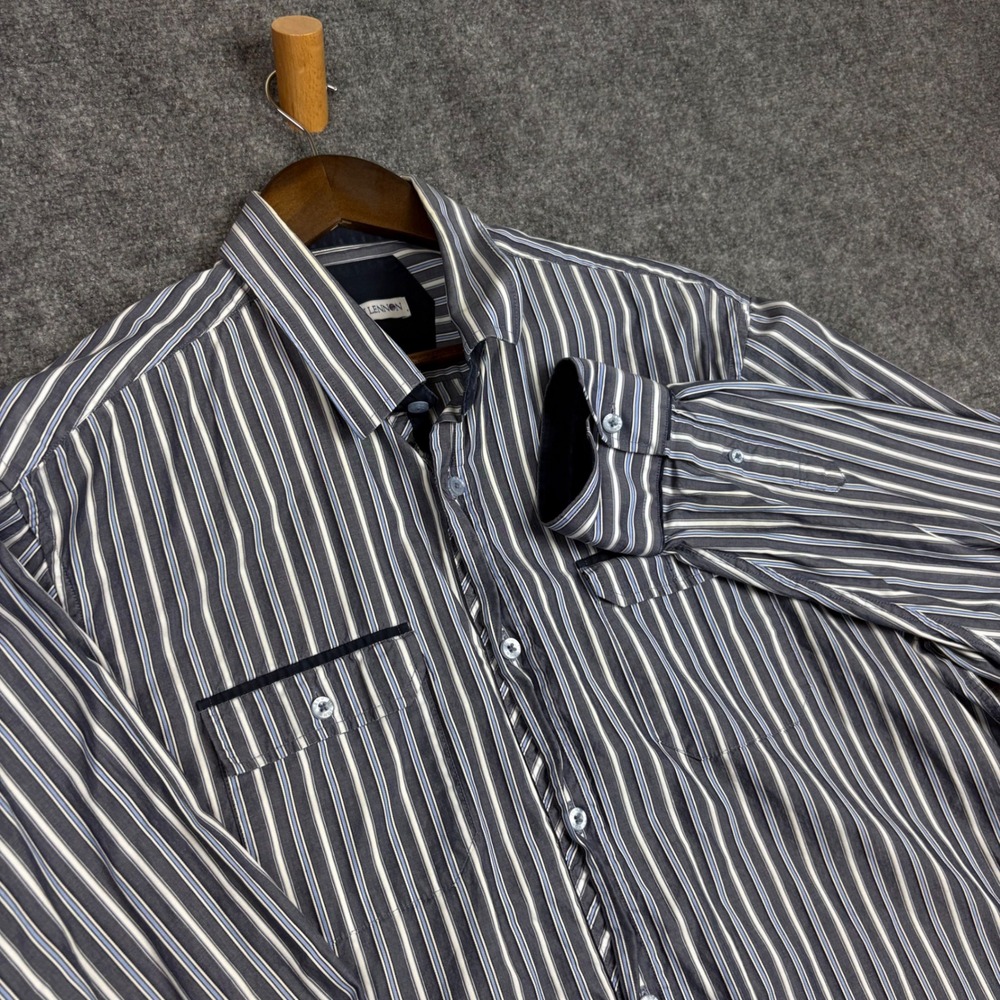 John Lennon Mens XXL Striped Button Down Shirt Navy Blue Long Sleeve Peace Sign